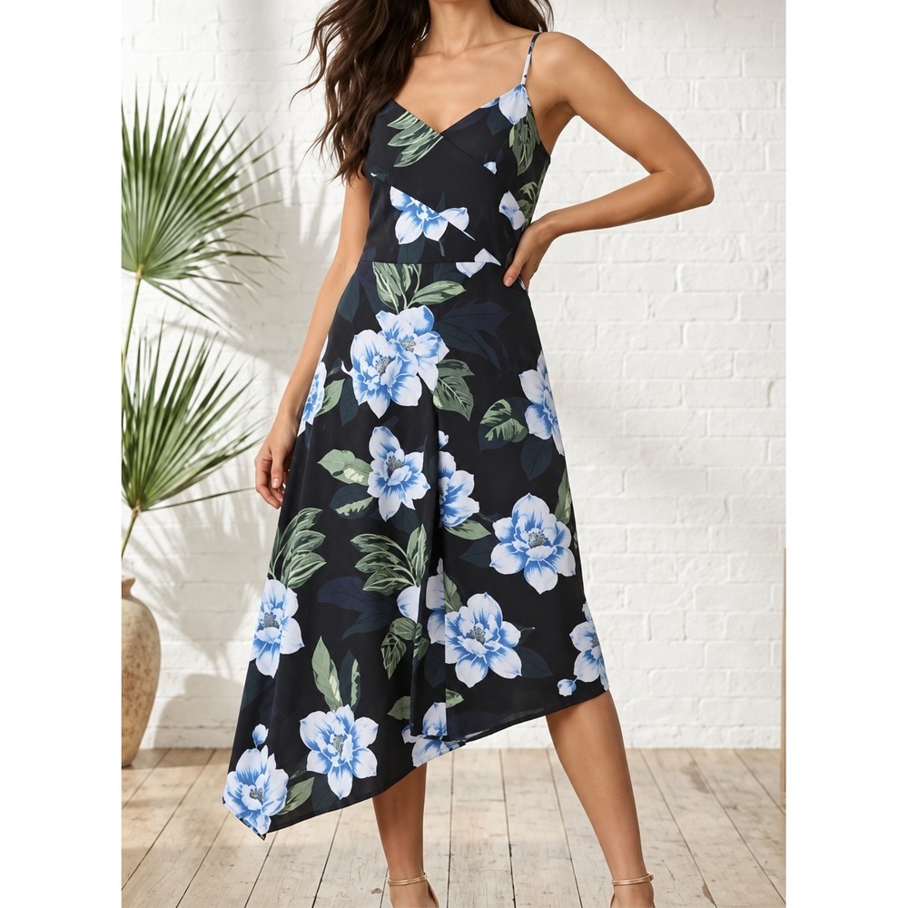 Banana Republic Floral Asymmetrical Midi Dress Black Blue Tropical Sundress 4